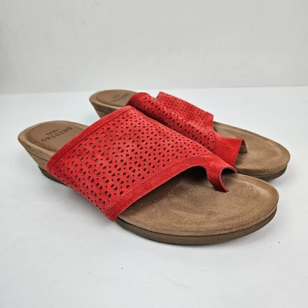 Earth Origins Pico Pearl Spicy Red Perforated Suede Toe Loop Low Wedge Sandal - Picture 2 of 13